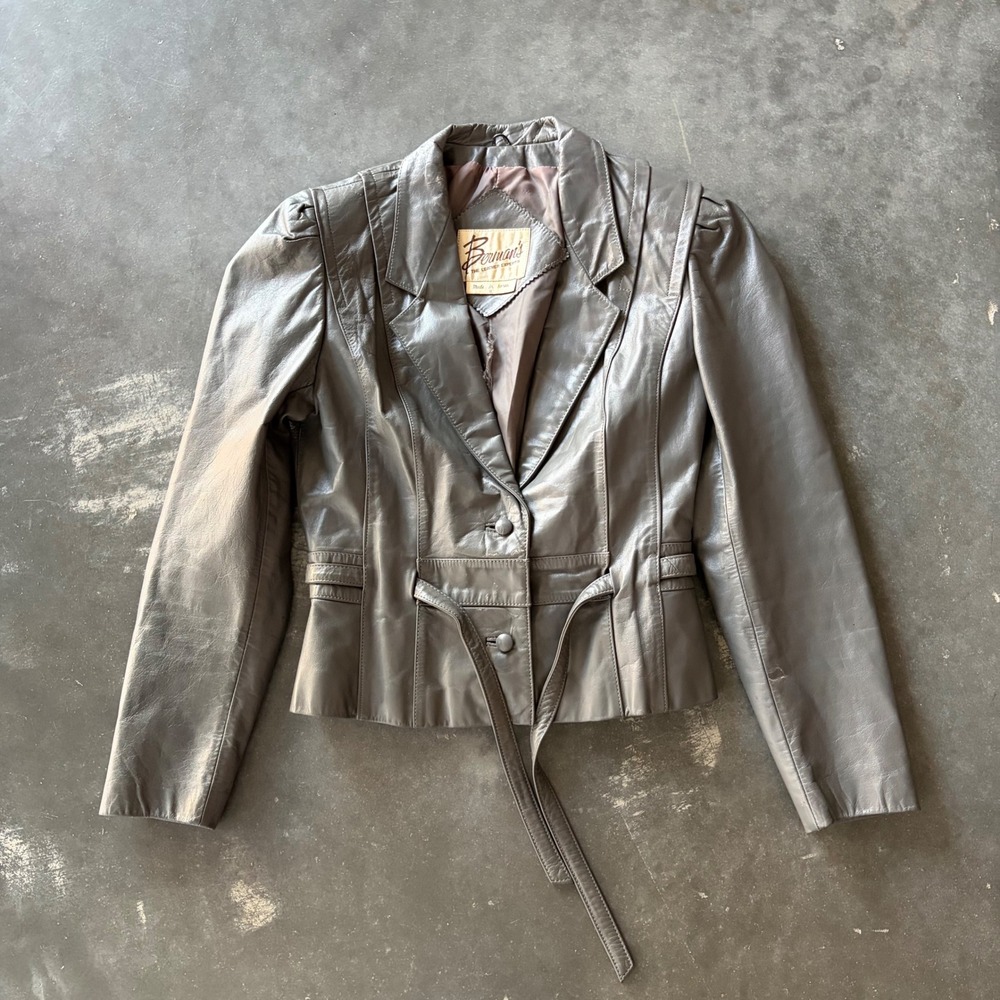 Berman's The Leather Experts Vintage Gray Leather Peplum Jacket Size 8